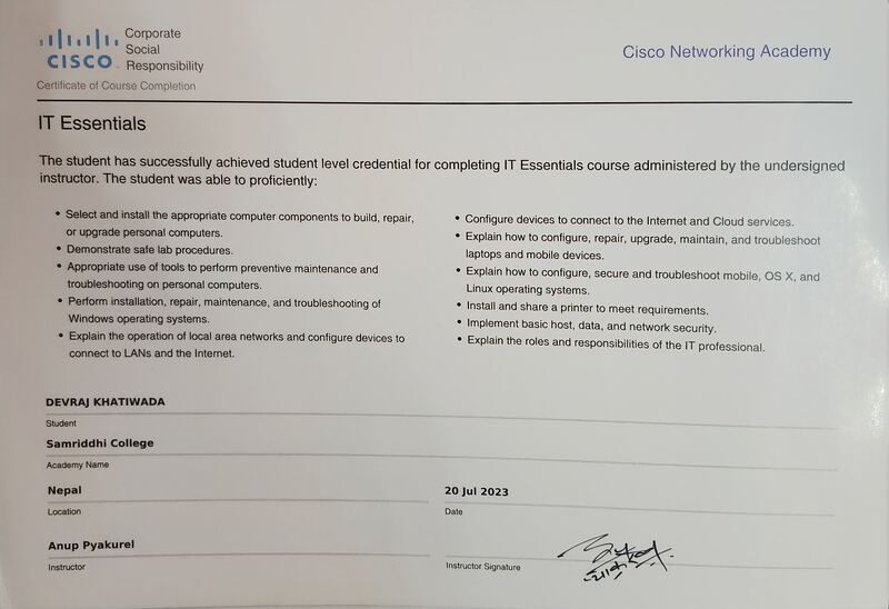 Cisco IT Essentials II certificate