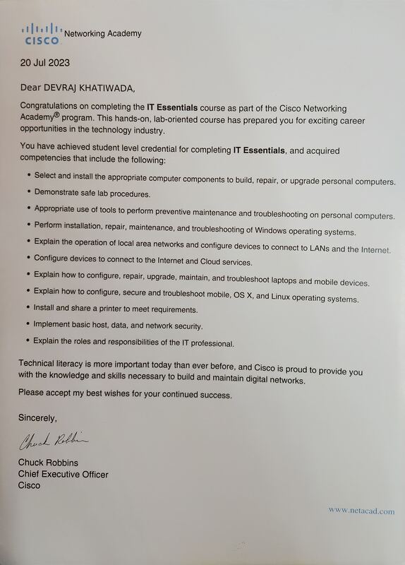Cisco IT Essentials certificate