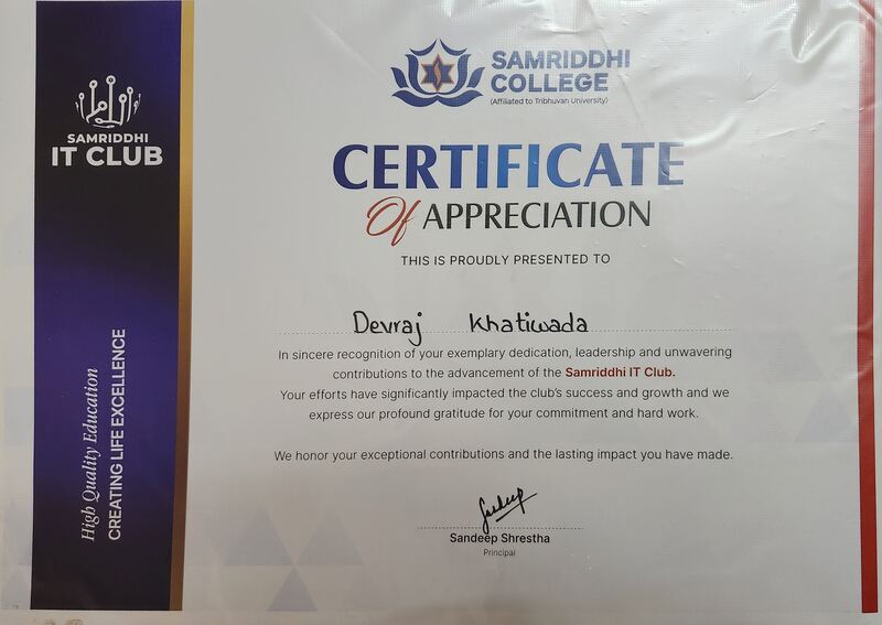 Contribution to Samriddhi IT Club certificate
