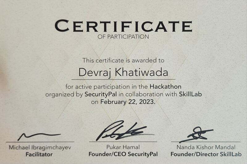 SecurityPal Hackathon certificate