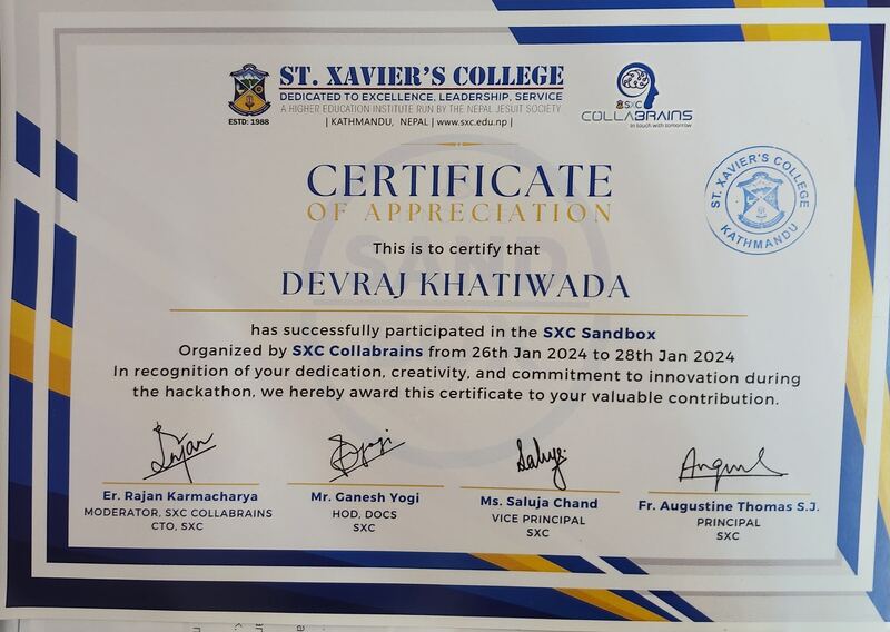 St. Xavier's Hackathon certificate